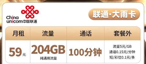 聯(lián)通大雨卡|204G純通用無定向、聯(lián)通云周卡|100G通用免費領取！